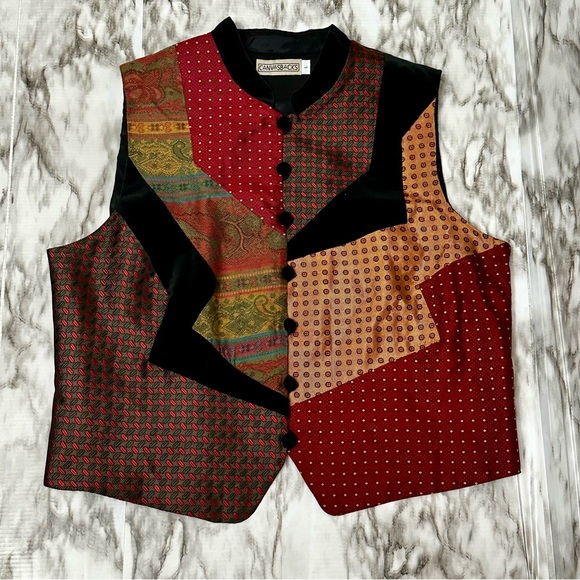 Vintage 80s 90s Silk Blend Patchwork Vest Sz L Boho Retro Tapestry Dark Acedemia - Picture 2 of 8